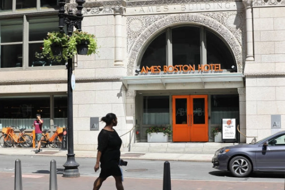 Entrance with Ames Boston Hotel signage.