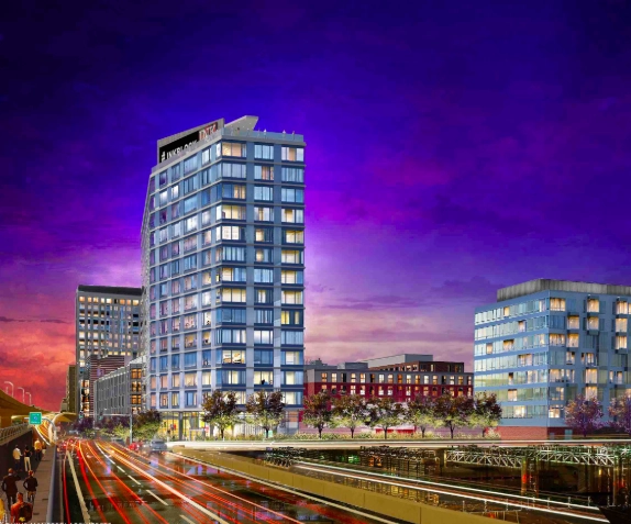 Architectural illustration of a residential tower and neighboring buildings at dusk.