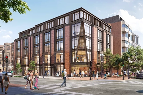 Rendering of a brick-and-glass building at a street corner.