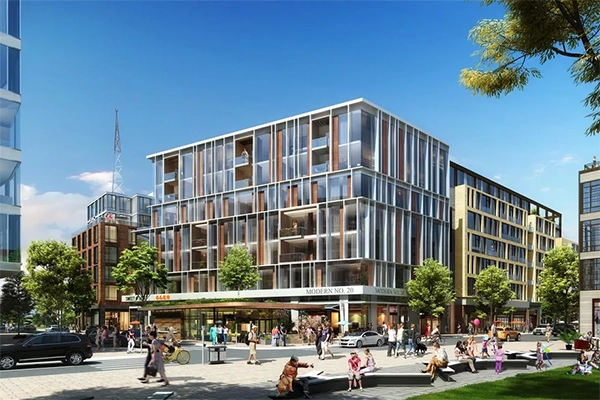 Rendering of mixed-use buildings and a pedestrian street.