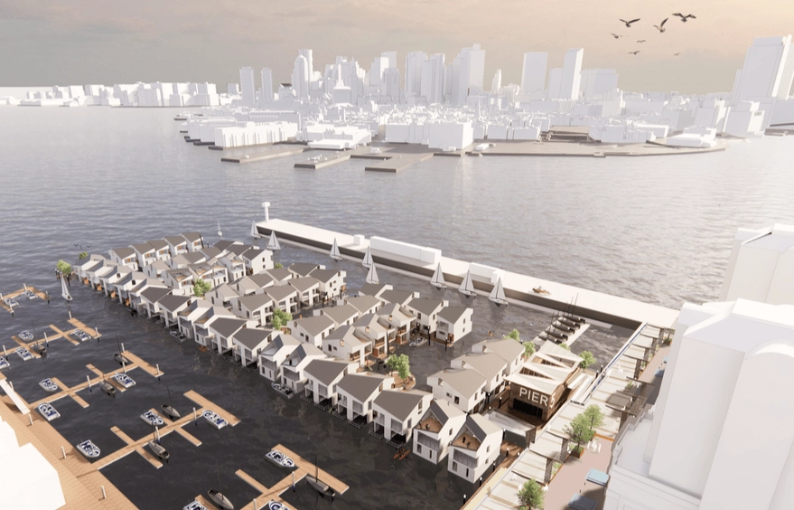 Rendering of a proposed waterfront housing arrangement with marina slips.