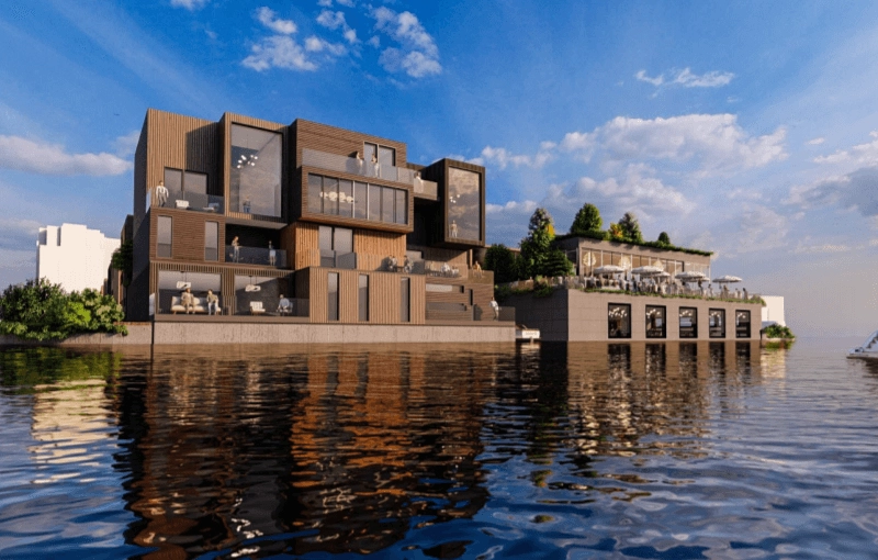 Rendering of a proposed wood-clad waterfront housing complex.