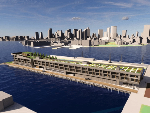 Rendering of a proposed waterfront building with rooftop greenery.