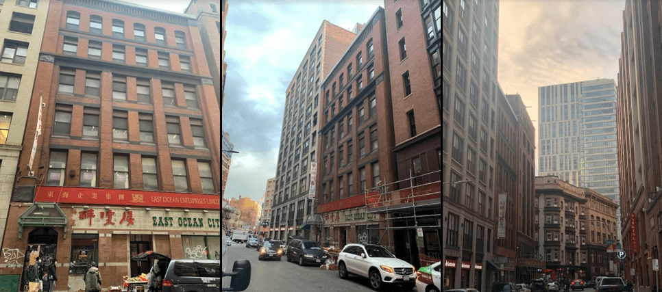 Three street views of the brick building shown in the Beach Street archive