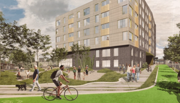 Rendering of a multistory building and landscaped paths in the Mattapan Station report