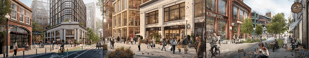 Three streetscape renderings from the Fenway Corners proposal