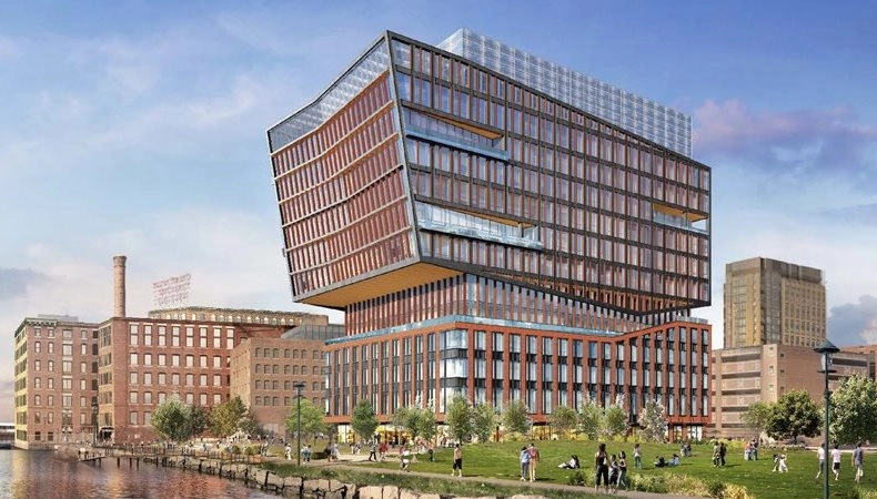 Rendering of a waterfront lab and office building from the Necco Street proposal