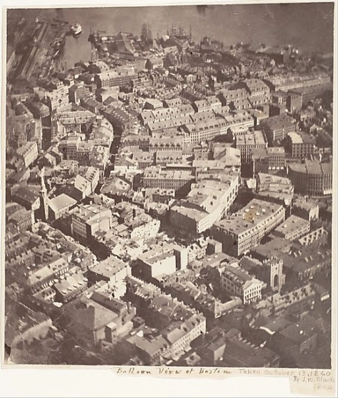 Sepia aerial photograph of Boston with its original handwritten border