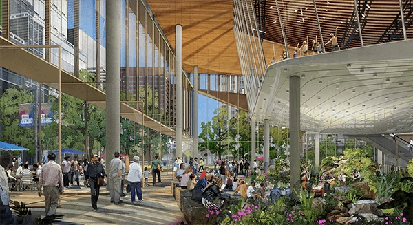 Rendering of public space from the Kendall Square lab-tower proposal