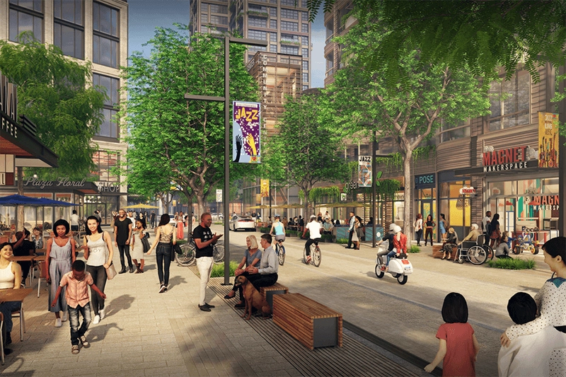 Rendering of a pedestrian street in the former Volpe-site proposal