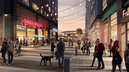 Rendering of pedestrian and retail space in the Suffolk Downs report