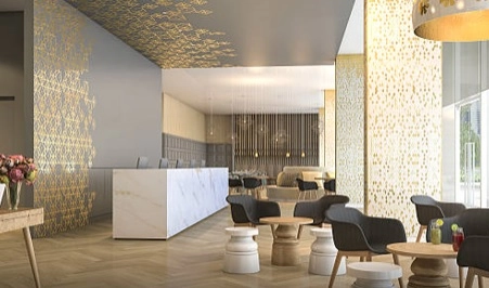 Lobby interior with a reception counter and seating