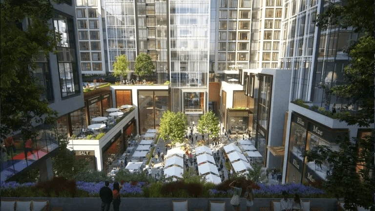 Historical rendering of a courtyard and retail shops proposed for The Superette