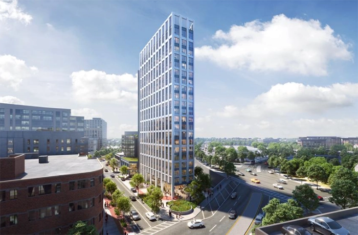 Rendering of a proposed tower beside streets and rail infrastructure at Quincy Center