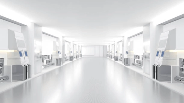 Illustrated bright laboratory interior with equipment along both sides