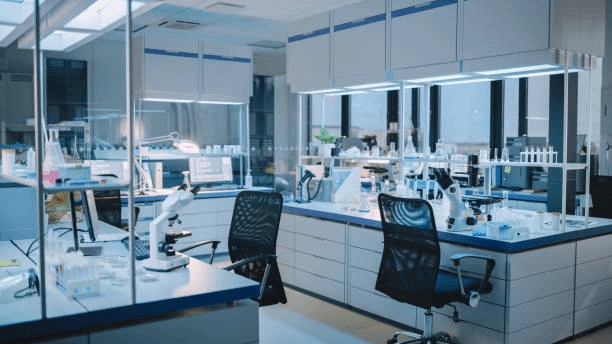 Laboratory workstations beside windows