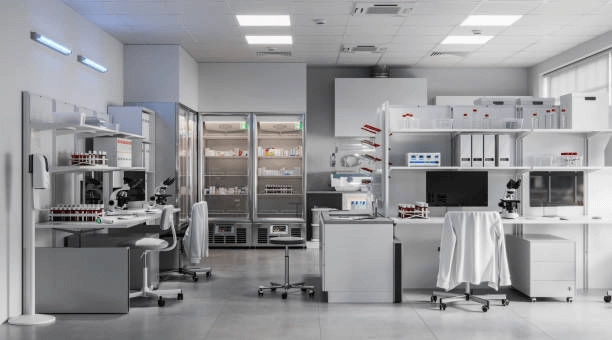 Laboratory benches and equipment beneath overhead services