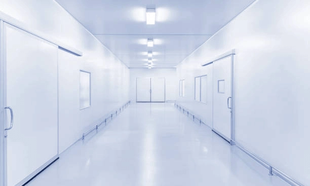 Bright laboratory corridor image with doors along both sides