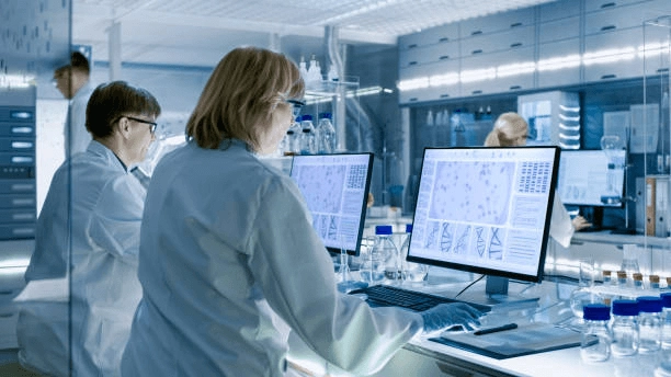 People using computer displays in a laboratory