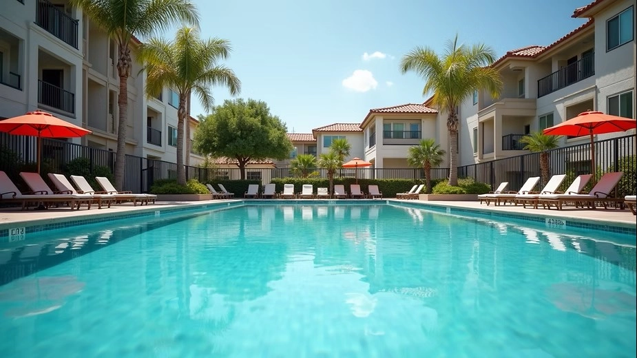 A sparkling community swimming pool surrounded by lounge chairs and umbrellas