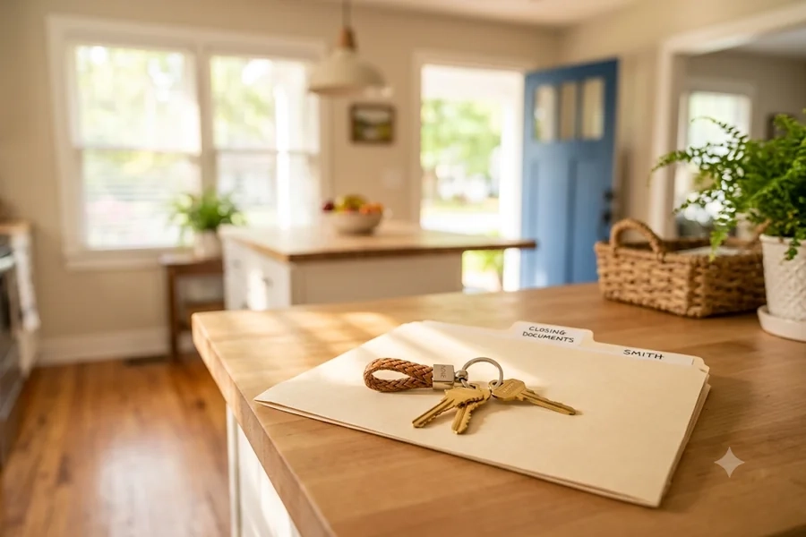 New house keys resting on a closing documents folder on a sunlit kitchen counter