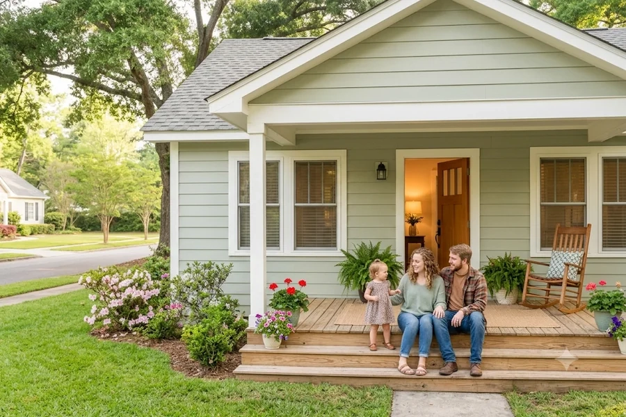 A young family sitting together on the front porch of a modest first home
