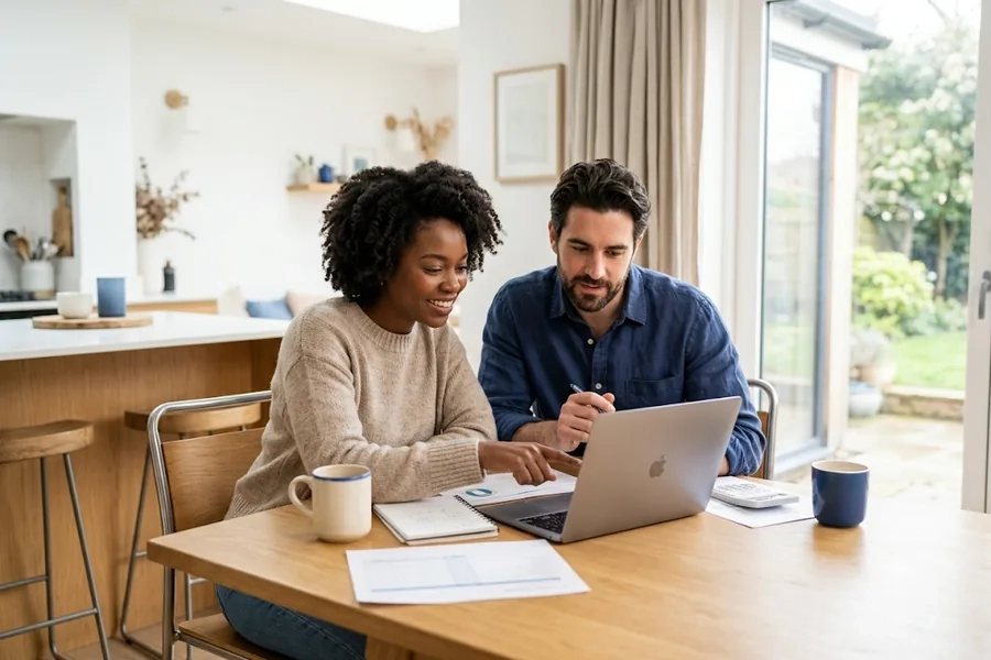 Couple reviewing their home budget and mortgage pre-approval, an early home buying step