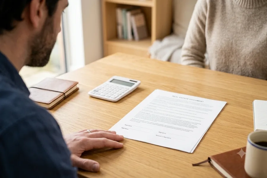 Buyer reviewing a real estate offer at a table during the negotiation step of buying a home