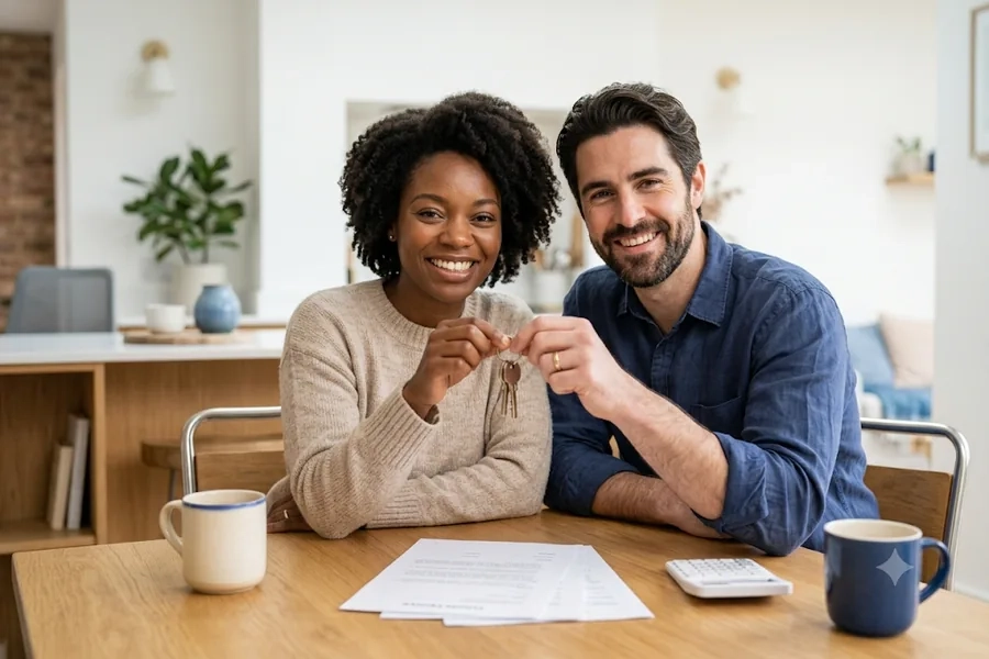 Smiling couple holding house keys at closing, the final step in buying a home
