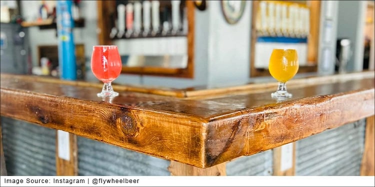 closeup of bar at Flyweel Brewing