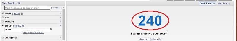 Screenshot of active MLS listings in 40245.