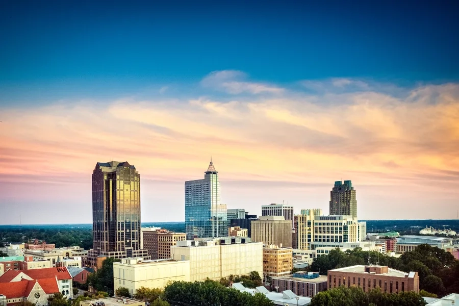 Downtown Raleigh skyline at sunset