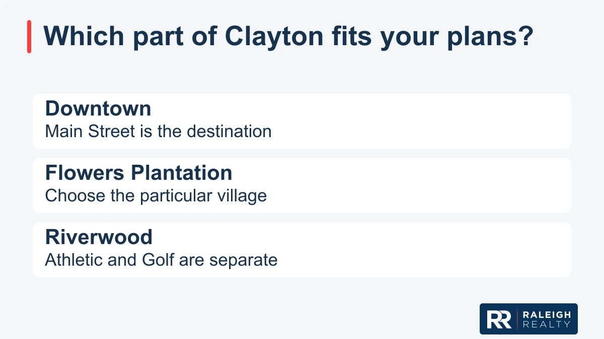 Downtown emphasizes Main Street outings; Flowers Plantation requires village-specific comparisons; Riverwood Athletic Club and Riverwood Golf Club are distinct places.