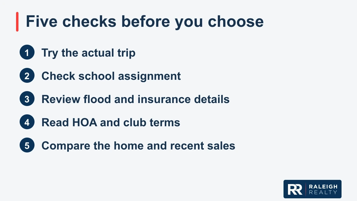 Five neighborhood comparison steps: test the actual trip, check school assignment by the home address, review flood and insurance details, read HOA and club terms, and compare the home with recent sales.