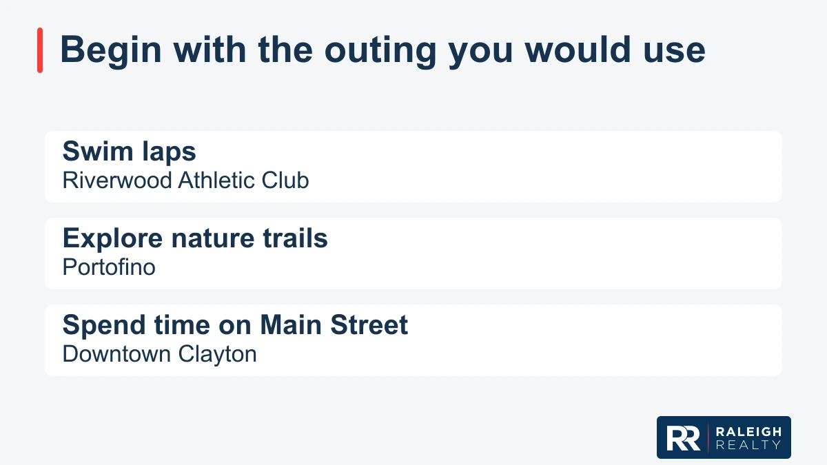 Priority examples: indoor laps at Riverwood Athletic Club, HOA-described nature trails in Portofino, and Main Street outings from downtown. Verify the applicable access and operating schedules.