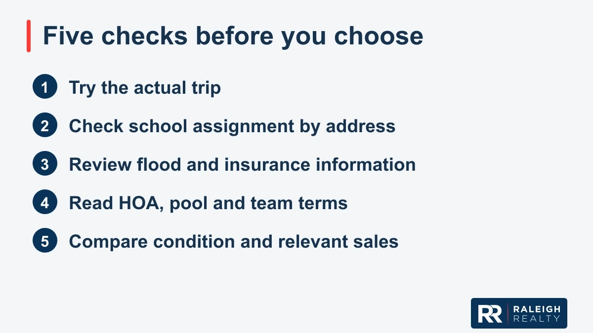 Five property comparison checks: test the trip, verify school assignment by address and year, review flood and insurance information, read ownership and recreation terms, and compare condition and relevant sales.