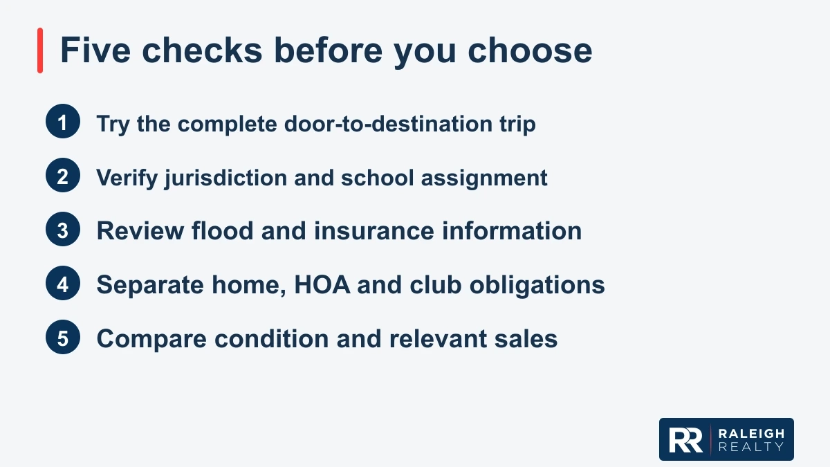 Five checks: test the complete trip, verify property jurisdiction and school assignment, review flood and insurance information, separate property and club obligations, and compare condition and relevant sales.