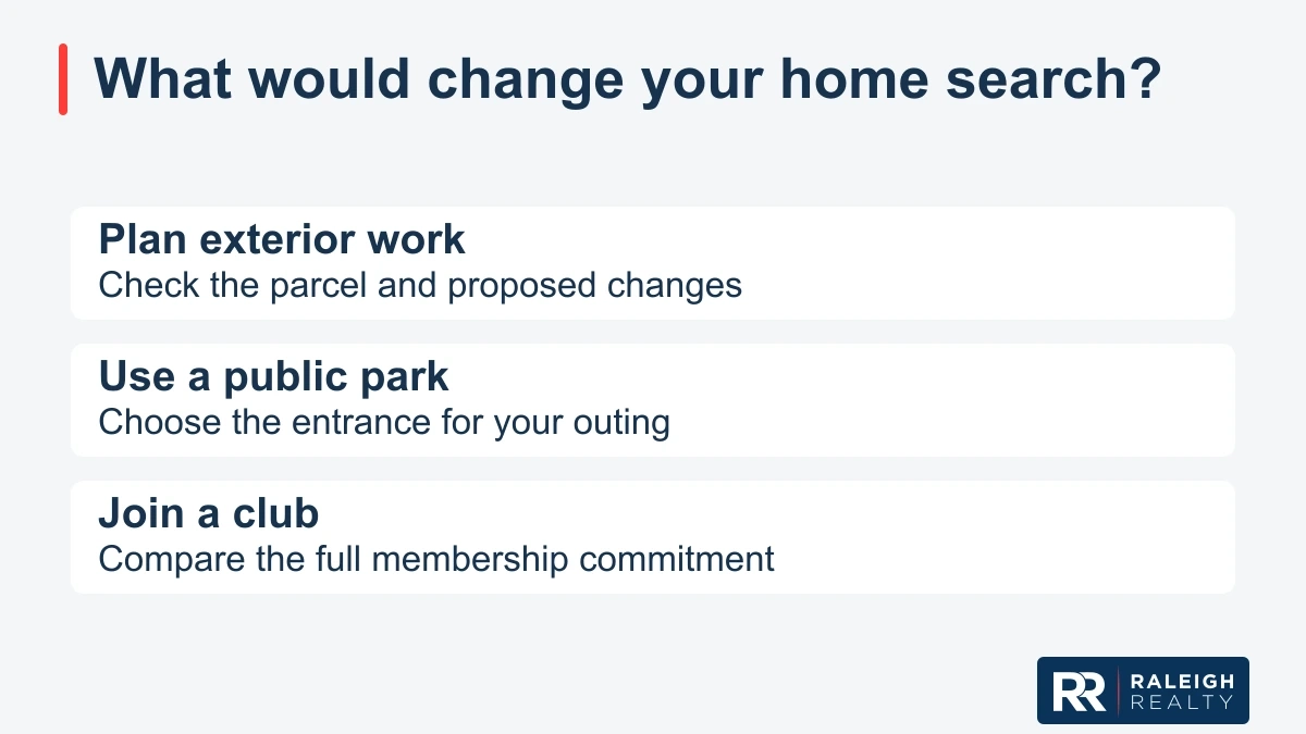 Plan exterior work: Check the parcel and proposed changes; Use a public park: Choose the entrance for your outing; Join a club: Compare the full membership commitment.