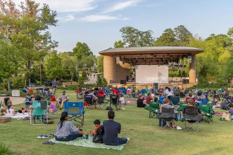 People gathering for an outdoor movie in Cary