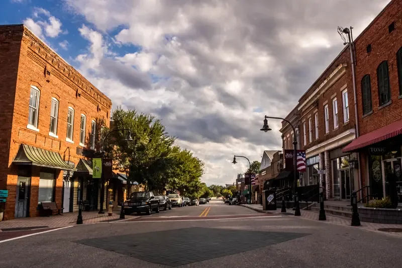 Brick storefronts along White Street in downtown Wake Forest