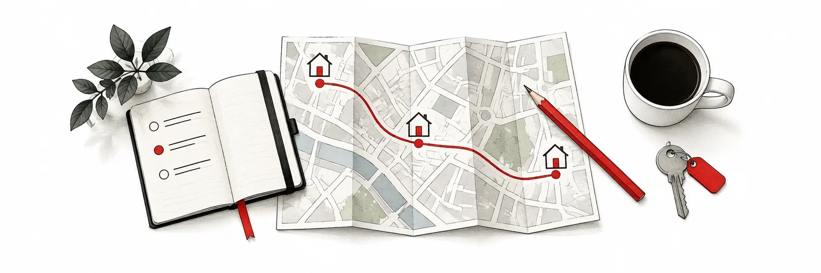 Illustration of a home-search route, notebook and house key.