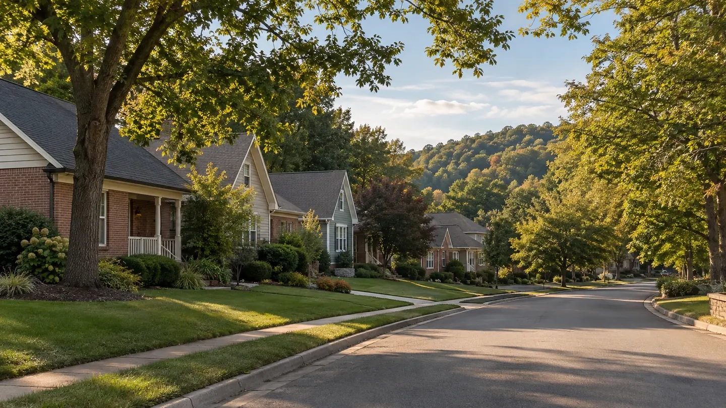 Illustrative tree-lined residential street with homes and gentle rolling terrain.
