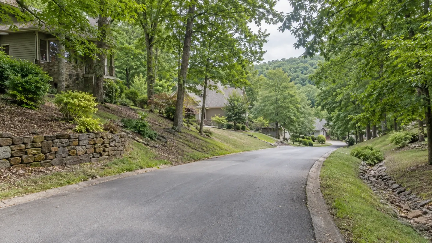 Illustrative sloped neighborhood road with a retaining wall, wooded lots and a drainage swale.