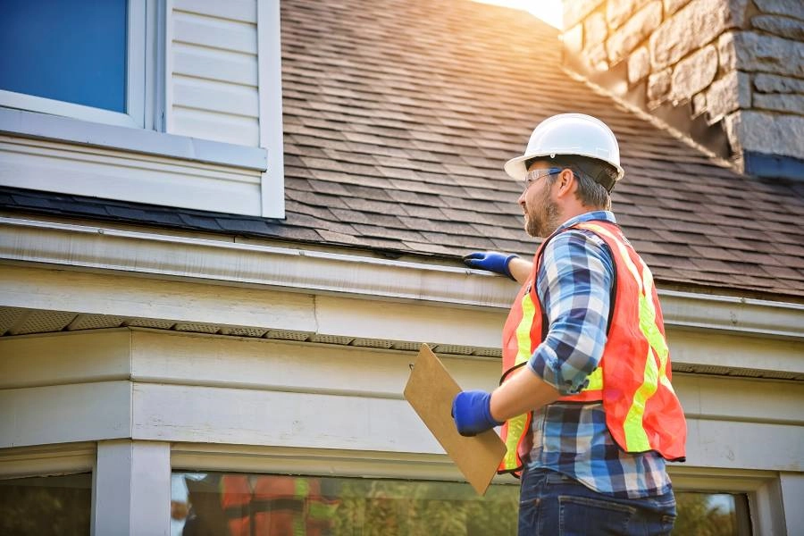 A roofing contractor wearing a hard hat inspects the roof of a house. He holds a piece of wood in one hand.