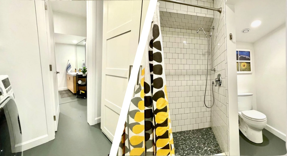 Unit Three — The Garden-Level Retreat Modern bathroom with tiled shower and efficient layout.