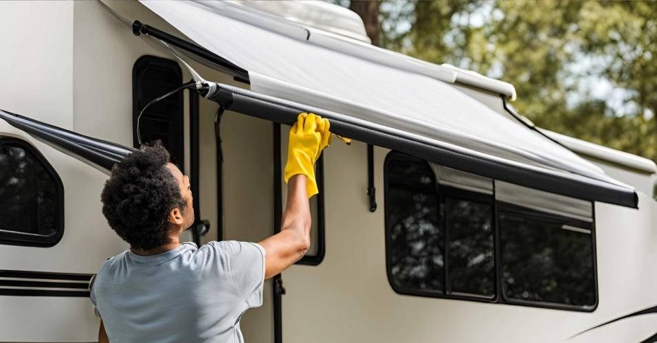 Person cleaning an RV awning with a brush and soap