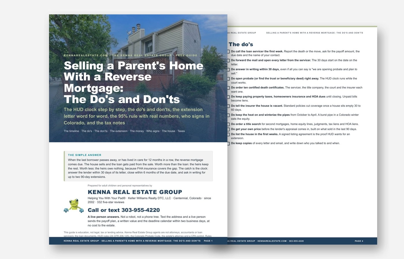 Cover and page 4 of the free guide: Selling a Parent's Home With a Reverse Mortgage, The Do's and Don'ts