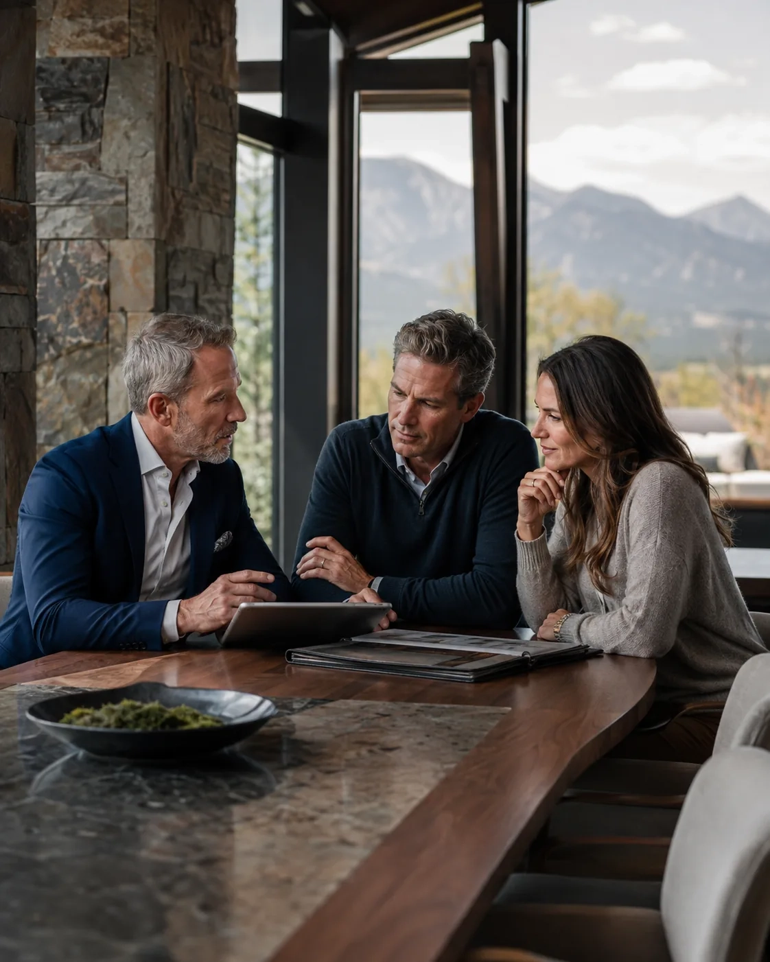 Real estate advisor helping a couple define their goals inside a contemporary Colorado home
