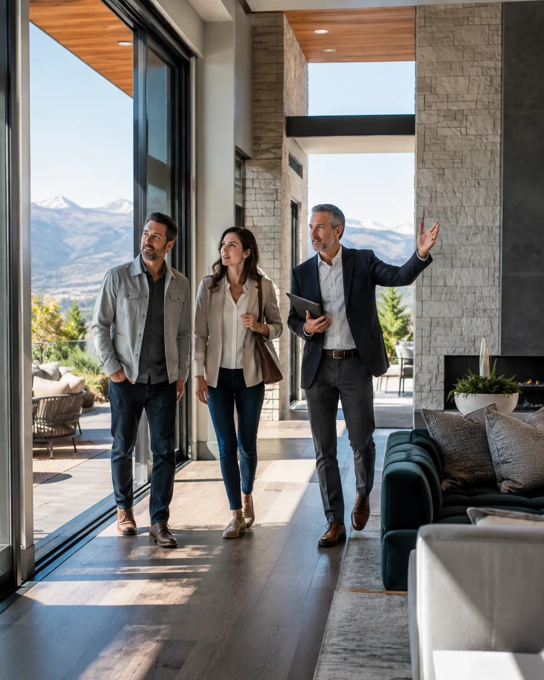 Real estate advisor and buyers evaluating a contemporary Colorado home