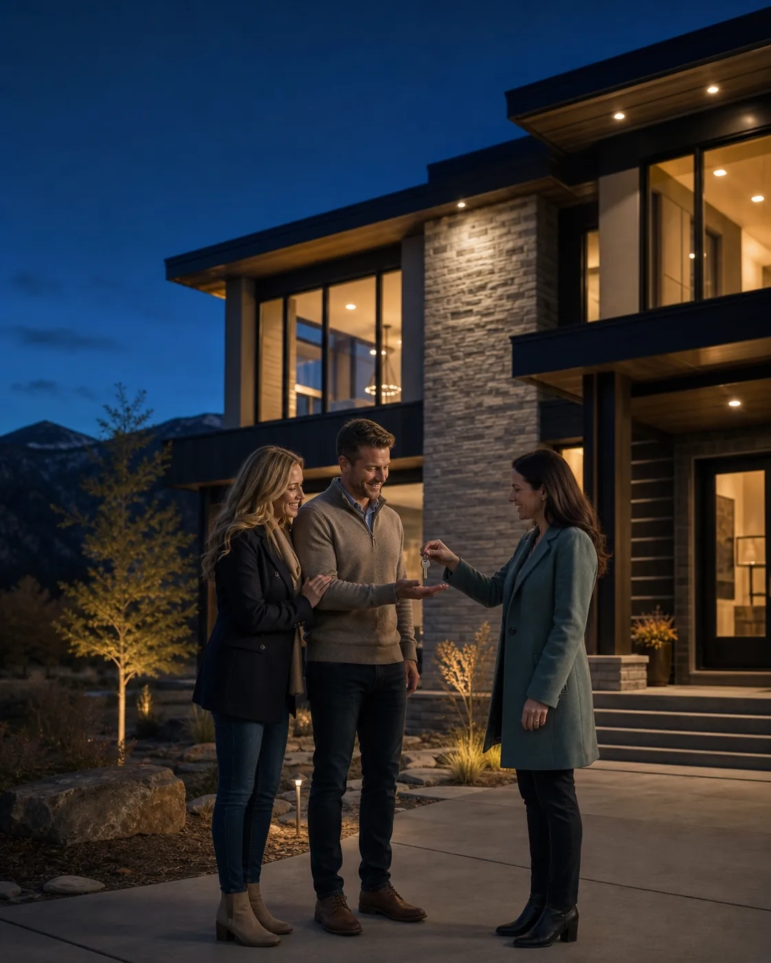 Real estate advisor handing new-home keys to clients outside a contemporary Colorado home